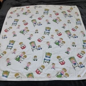 Vintage 70s Ragdoll Quilted Blanket Toddler Baby Crib Handmade 50"x44" White Mul